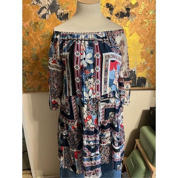 Lola Italy Silk On or off Shoulder Red White & Blue Patterned Tiered Dress Uniqu - Picture 1 of 8
